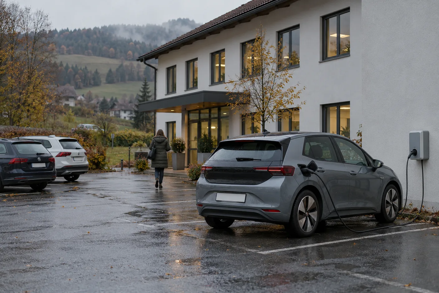 Elektroauto lädt an einer Wallbox auf einem kleinen Firmenparkplatz an einem trüben Herbstmorgen