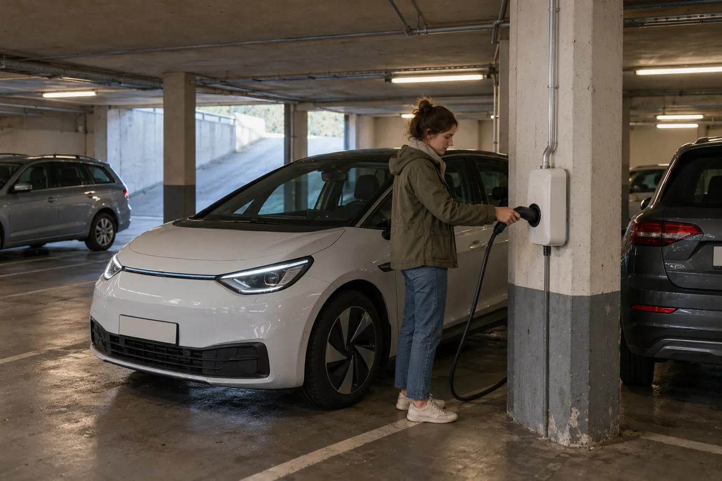 Mieterin steckt in der Tiefgarage eines Wohnhauses das Ladekabel ihres Elektroautos an einer Wallbox an